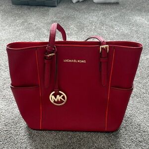 Michael Kors Red Saffiano Tote with Gold-Tone Logo Charm